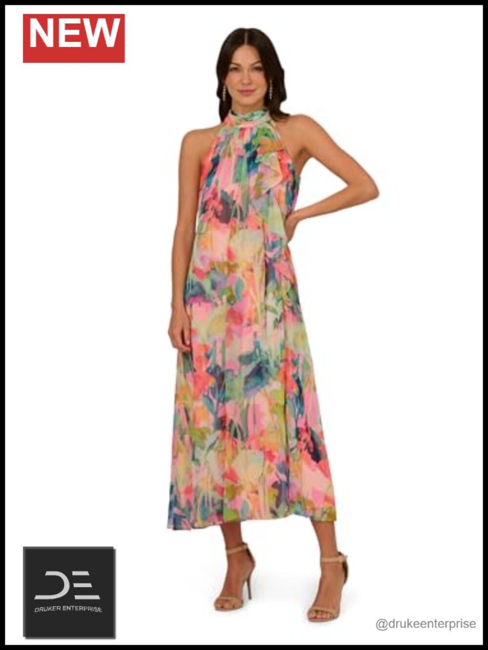 Adrianna Papell Print Chiffon Trapeze Dress Halter Sleeveless Formal